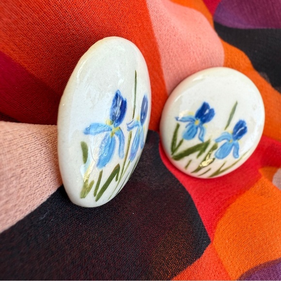 Blue Iris Hand Painted Floral Ceramic Earrings - Picture 12 of 14